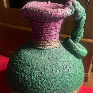Vintage---Green, Wine,  and Gold-- Handmade Vase, with twisted handle